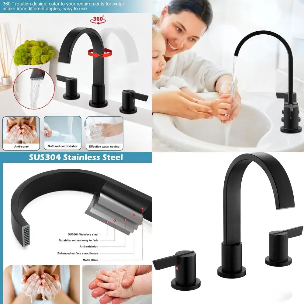 

8 Modern Matte Black 3-Hole Widespread Bathroom Sink Faucet with Pop-Up Drain & Supply Lines