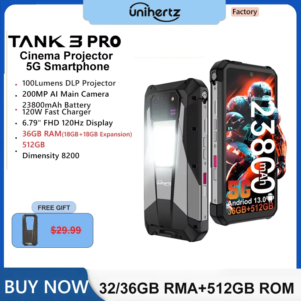 Unihertz Tank 3 Pro 8849 Projector Smartphone Android 5G Phone 32/36GB 512GB Dimensity 8200 120W Fast Charger 200MP Cell phones