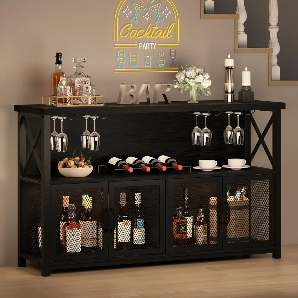 Gabinete de barra de café negro, gabinete de licores moderno para licores y vasos, aparador de cocina, gabinete de Buffet con estante para vino
