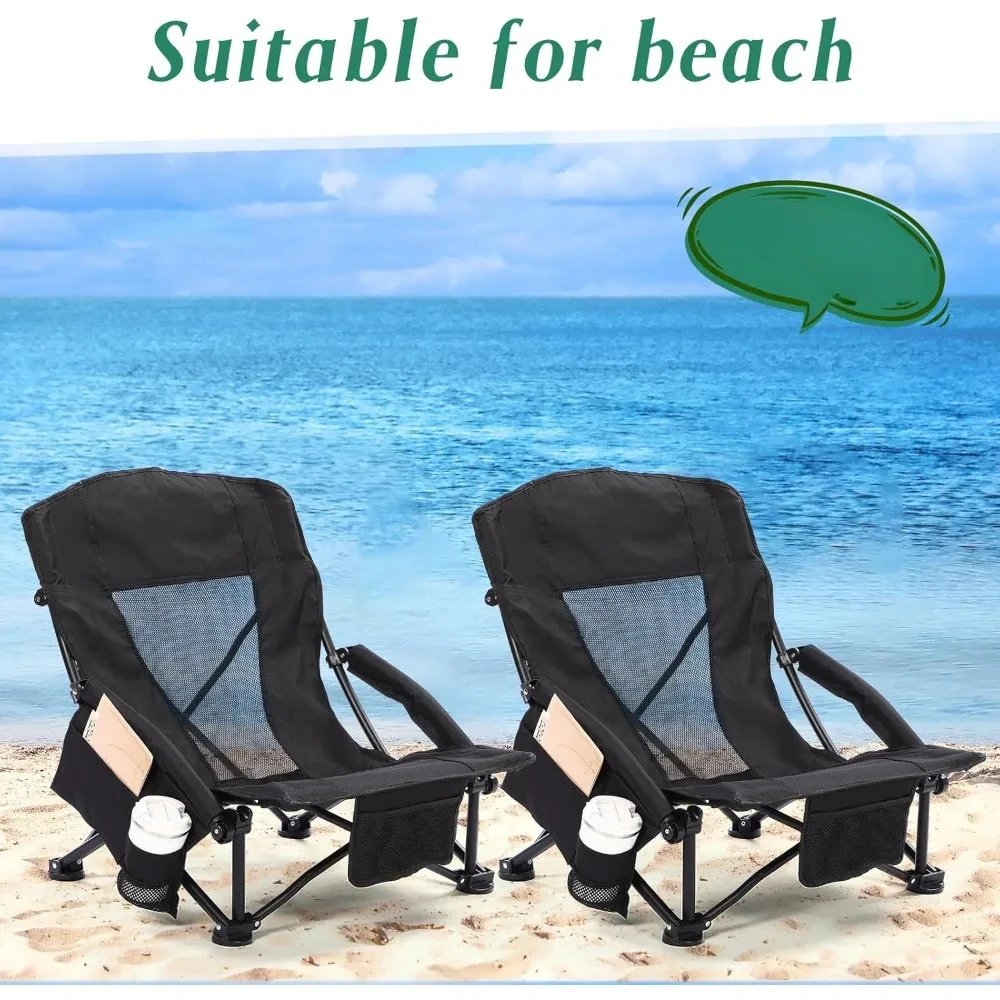 4 Pcs Low Beach Chairs for Adults With Cup Holder Magazine Bag Playa Tourist Folding Chair Support 300lbs Beach Chaise Longue