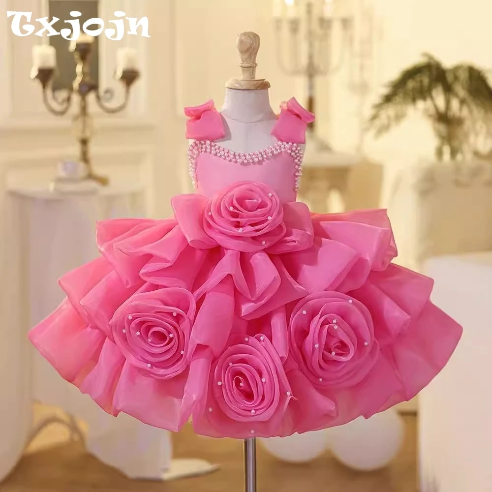 

Exquisite Shiny Pearls 3D Flower Girls Mini Dresses Piano Performance Wear Pink Bow Kids Princess Gown Birthday Wear 80-160cm