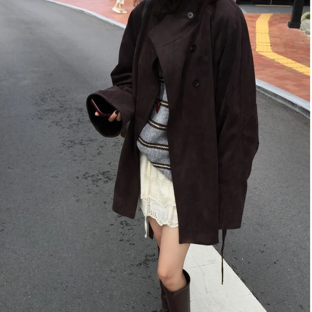 Women's Casual Long Coat Vintage Loose Fit Stand Collar Mid-Length Deer Suede Velvet Windbreaker Versatile Autumn Winter Oute...