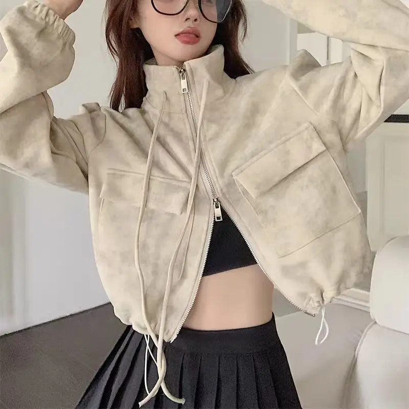 

Workwear Double Zipper Short Jacket American Hot Girl Female Niche Design Autumn New Loose Slimming High Waist Drawstring Top