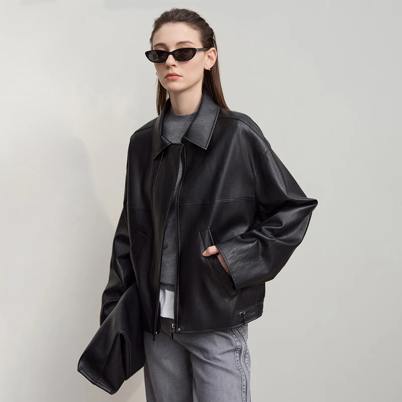 Amii cuir Dacket femmes 2025 automne nouveau minimaliste revers lâche PU cuir fermeture éclair épaule à manches longues manteau pour femme 12553062
