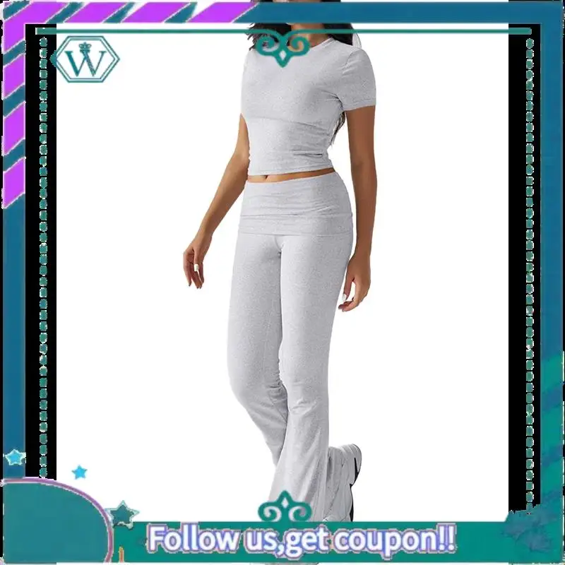 

A09P Женские комплекты из двух предметов для отдыха, топы с короткими рукавами и рюшами, широкие брюки с высокой талией, спортивные костюмы