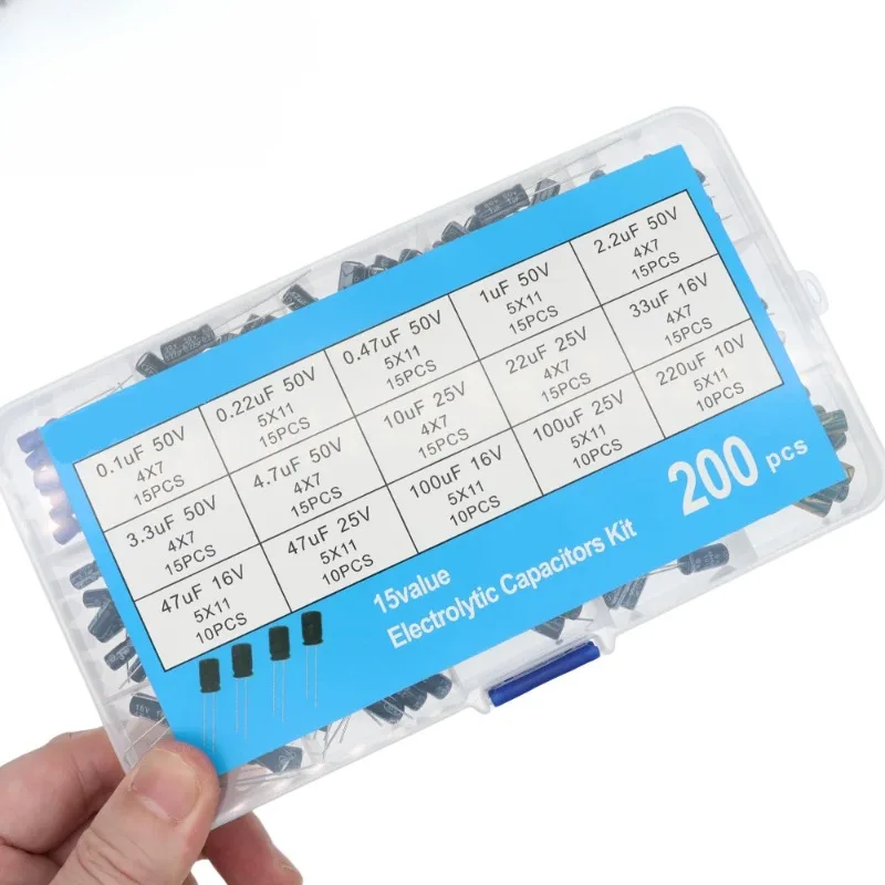 200PCS in-line electrolytic capacitor box set 0.1UF 50V-220UF 10V 15 specifications electrolysis