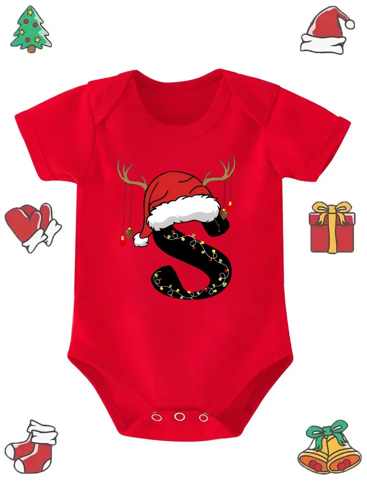 لطيف الطفل عيد الميلاد قبعة مخصص اسم إلكتروني مزيج الطباعة ارتداءها إلكتروني الخط ABC D E F G قصيرة الأكمام طفل بذلة #6