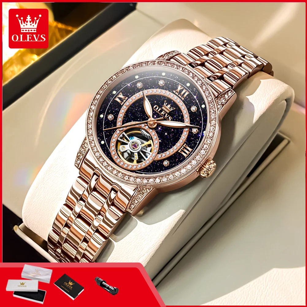 OLEVS 7036 Fashion Automatic Mechanical Watch for Women Diamond Starry Sky Dial Waterproof Luminous Ladies Wristwatch