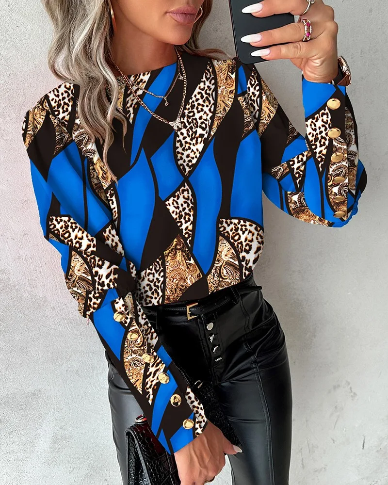 Boho Leopard Print Pullover Shirt Blouse Women Spring Autumn Fashion O-neck Long Sleeve Shirts For Women 2024 Casual Button Tops