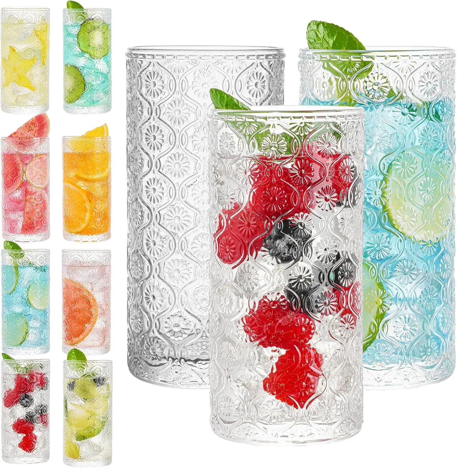 

Drinking Glasses, Set of 8 Vintage Highball glasses, 12 oz Embossed Designed Glass Cups, Tall Water Tumblers, Cocktail Glass, Vi