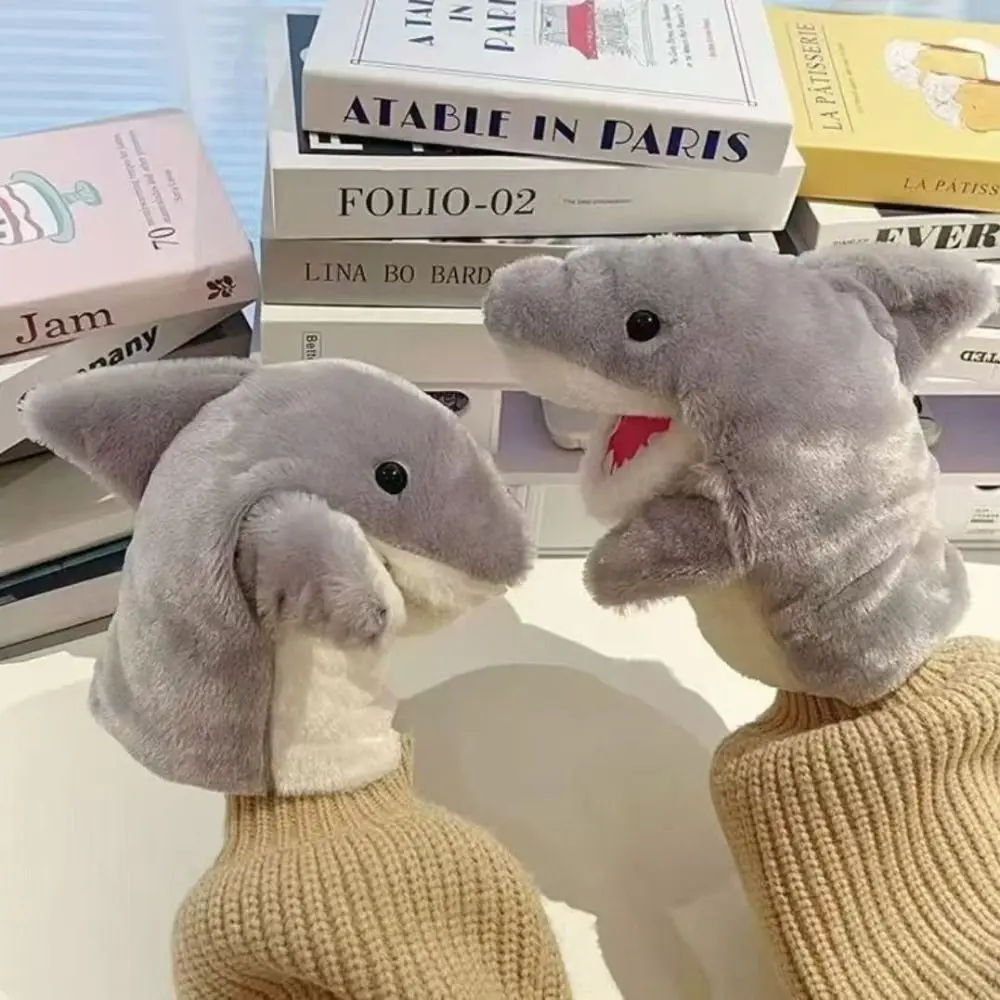 Rosa cinza pelúcia tubarão mão fantoche dos desenhos animados tubarão educação precoce brinquedos educativos jogo imaginativo storytelling brinquedo de boneca de pelúcia