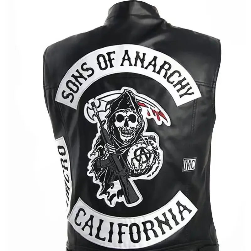 

Son of Chaos in Motorcycle Style: Harley Motorcycle PU Leather Embroidered Vest Kam Shoulder Punk Fashion Leather Coat for Men