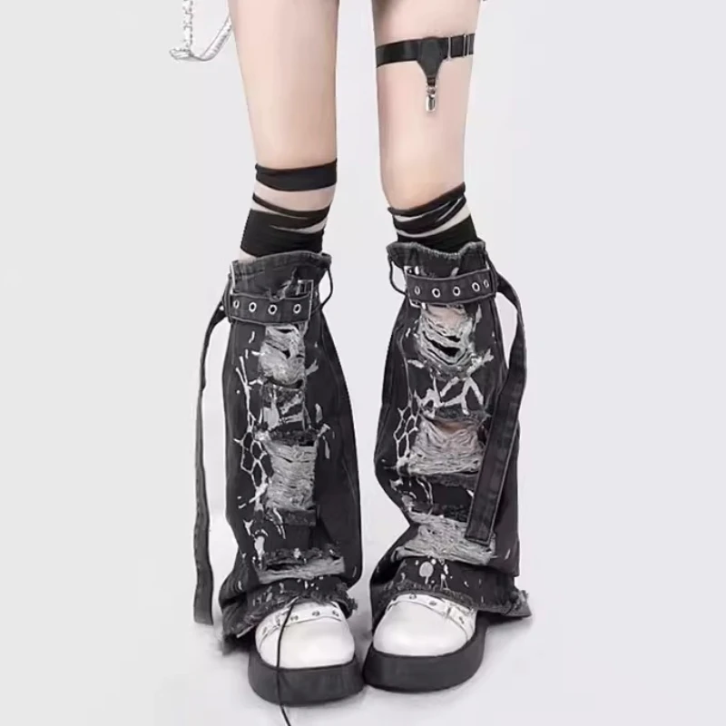 

Субкультурные джинсовые гетры в стиле Харадзюку, высокие до колена, Y2K, для девочек в стиле кавай, с эффектом похудения, с рюшами и бандажными элементами, готические, винтажные, накладки на ноги