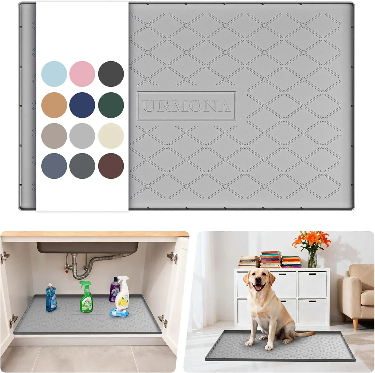 

Waterproof Silicone Under Sink Mat 34x22in, Kitchen & Bathroom Cabinet Liner, Pet Feeding Pad, Multi-Purpose Storage Tray