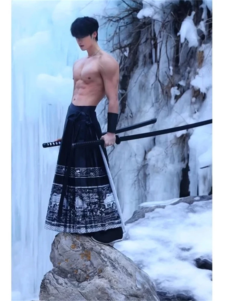 

Новая китайская легкая национальная трендовая юбка с хвостом, мужская версия, улучшенная юбка Hanfu Bla, брюки для молодых людей...