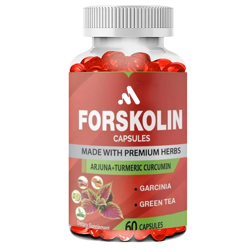 كبسولات مكملات فورسكولين العضوية تحتوي على الكركم والكركمين واللوز والغارسينيا كامبوجيا والشاي الأخضر
