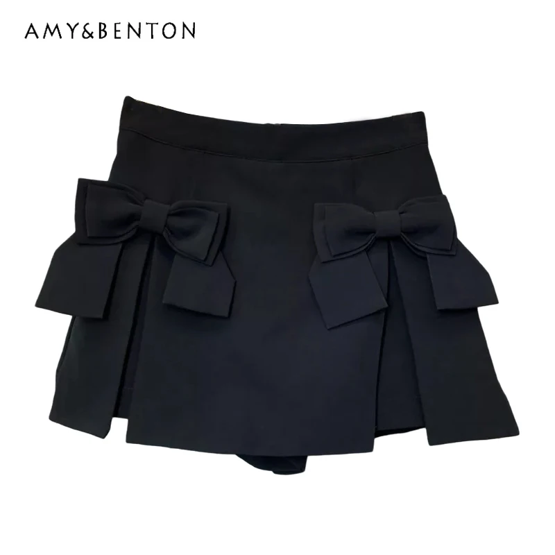 Japanese Sweet Cute Bow Black Slim Women Shorts Autumn Commute Style All-Match Casual High Waist A-line Wide Leg Shorts Skirts