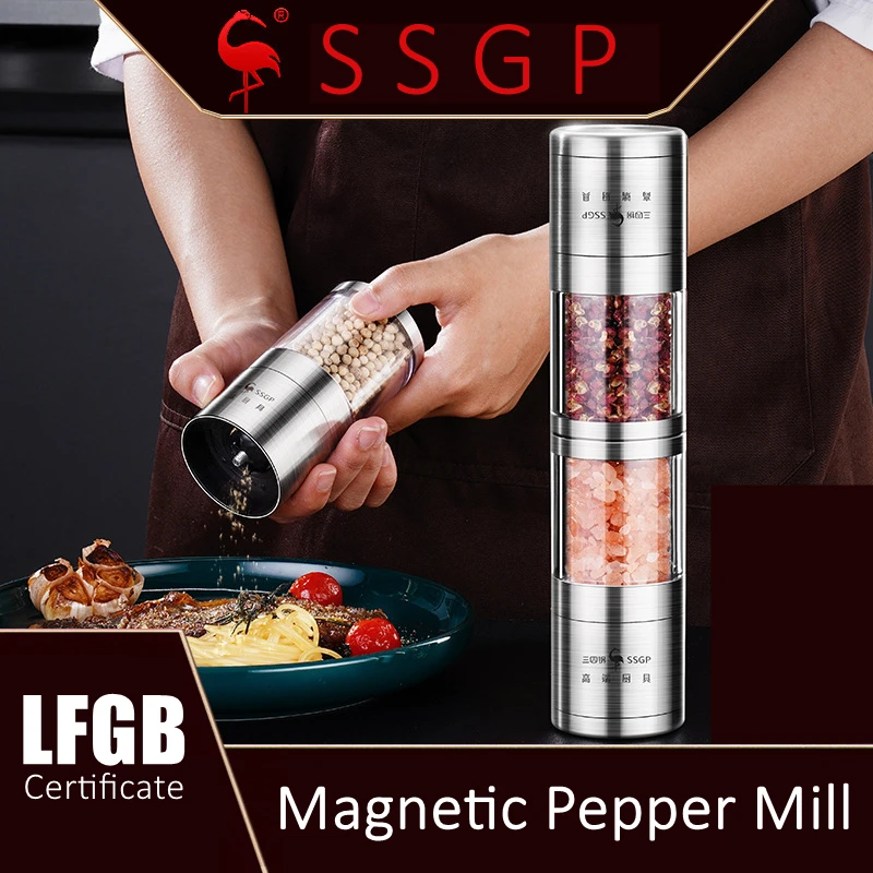 304 Stainless Steel Magnetic Suction Pepper Mill Ceramic Rotor Adjustable Coarseness Salt Grinder for Kitchen Cooking Accessory