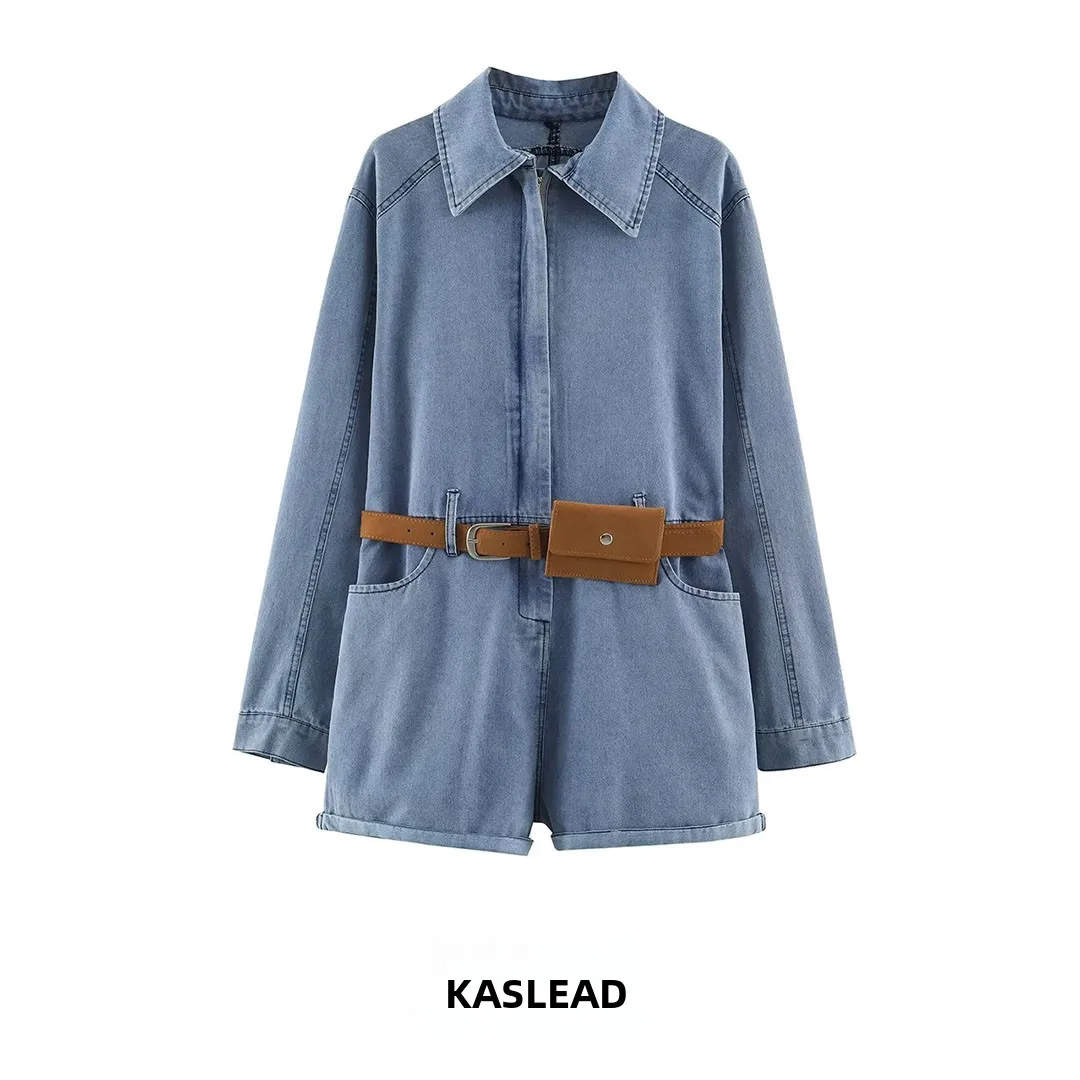 KASLEAD New Women's Retro Long Sleeve Collared Waist Cinched Overalls Denim High Waist Straight Leg Commute Style Polyester F...