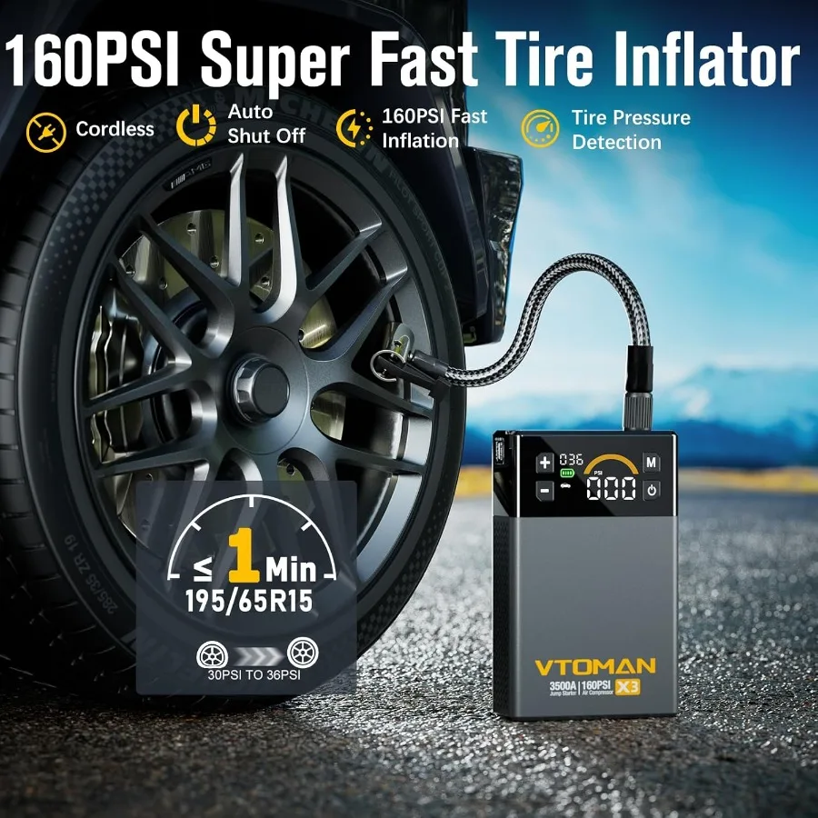 Rozrusznik awaryjny z kompresorem powietrza do awaryjnego uruchamiania akumulatora pojazdu: 3500A, przenośny rozrusznik o dużej mocy, kompatybilny z...