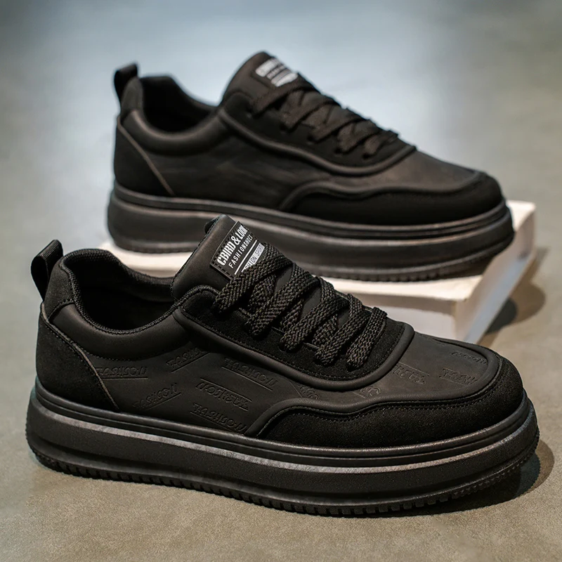 

Men's Fashionable Leather Surface Shoes Casual Sports Work Style Thick Bottom Casual Board Shoes Black for Autumn Winter