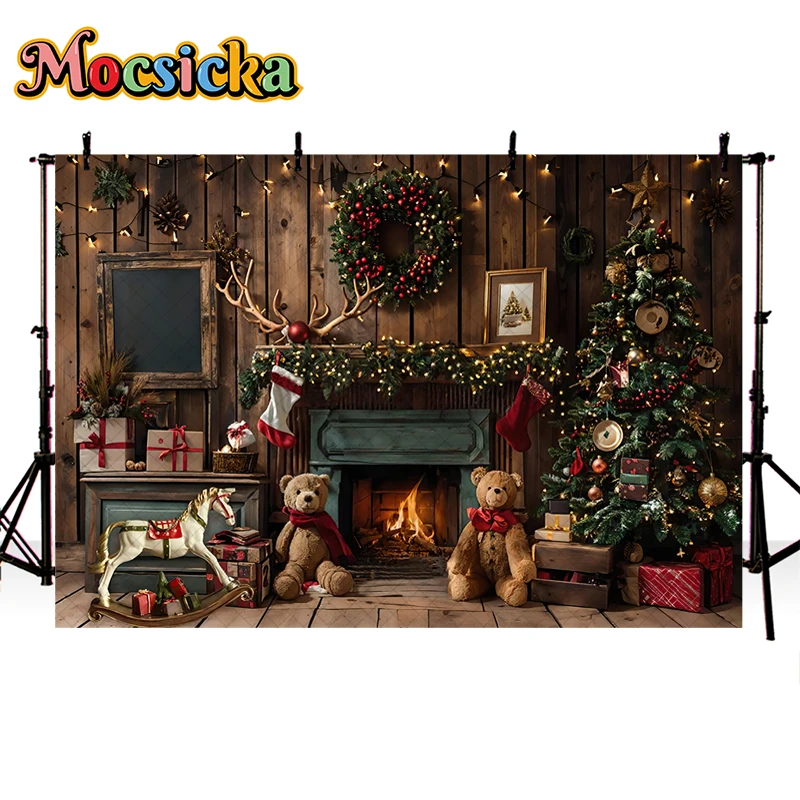 Mocsicka Santas Workshop Backdrops Kids Family Photography Fireplace Christmas Trees Wreath Red Socks Backgrounds