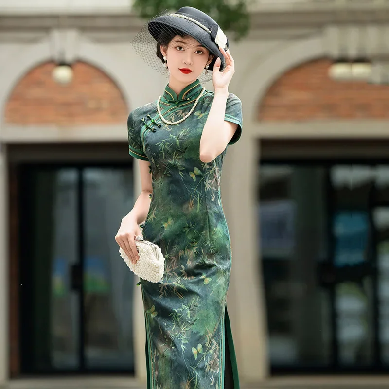 

Элегантное женское атласное платье Cheongsam в китайском традиционном стиле, новое улучшенное женское зеленое платье Ципао с воротником-стойкой и коротким рукавом