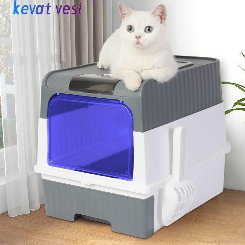 Cat Litter Box with UV Sterilization Lights Fully Enclosed Anti-Splashing Cats Toilet Large Capacity Kitten Bedpan Cat Supplies