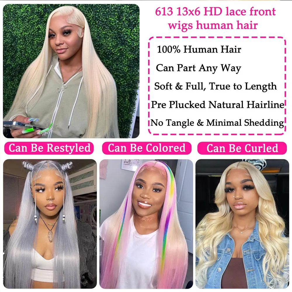 34Inch #613 Lace Front Wig Human Hair 13x6 HD Transparent Lace 200% Straight Brazilian Blonde Wig Pre-Plucked With Baby Hair