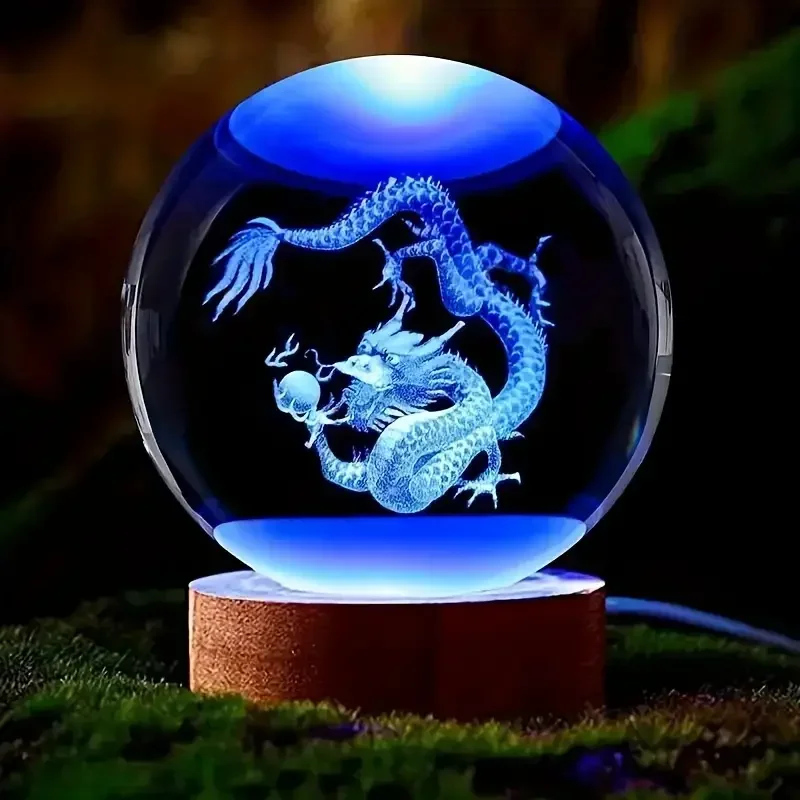 3D Dragon Crystal Ball in Wood Frame, Chinese Style Home Office Decor Art, Unique Birthday Christmas Gift Present