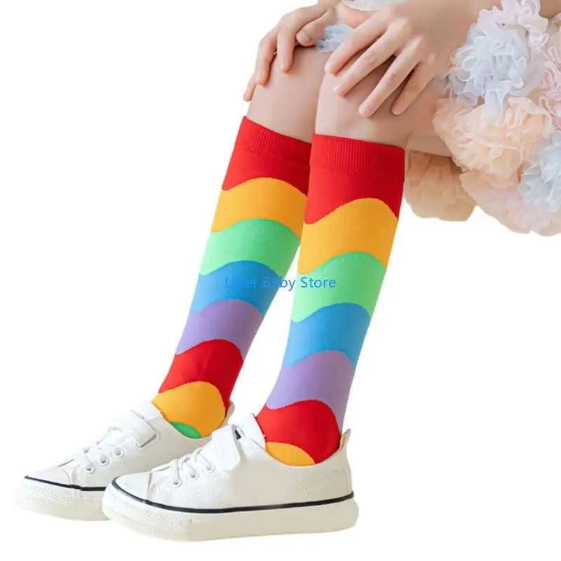 N80C Upgrades Elastic Children Socks Rainbow Colored Stripes Soft Nylon Fabric Whole Season Comfort for School Activity