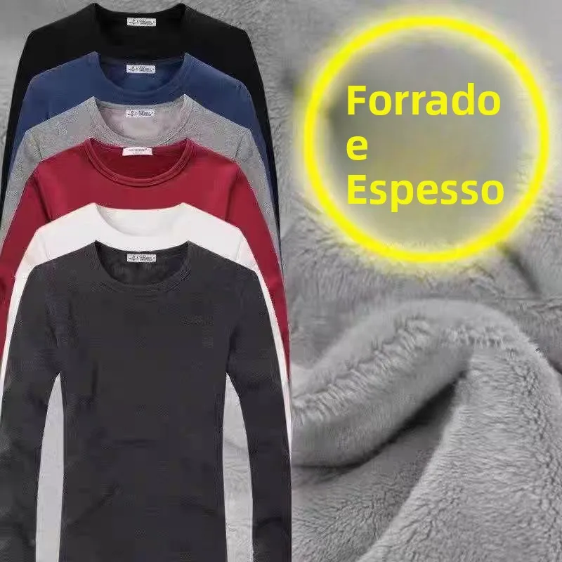 Camiseta Masculina de Manga Longa em Fleece Grosso, Ajuste Slim, Quente, 100% Algodão, Roupa de Outono, Gola V, Uso Diário pa...