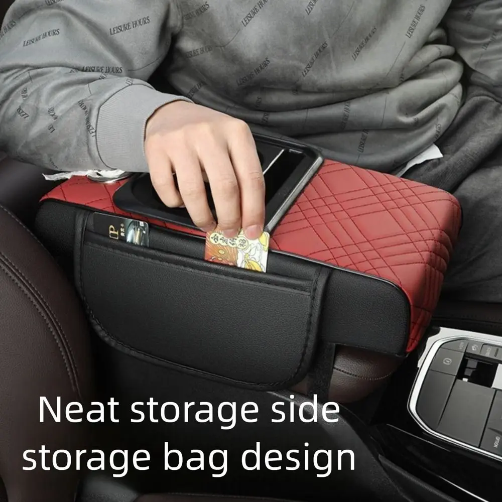 

Portable Center Console Armrest Cushion PU Leather Multifunctional Armrest Pad with Cup Holder Tissue Box Car Armrest Pillow