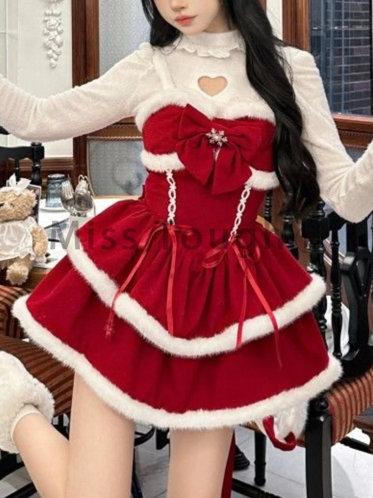 Winter Kawaii Sweet Red 3 Piece Set Women Japanese Fashion Lolita Lace Up Pretty New Suits Cute Dress + Solid Top + Hoodie Cloak