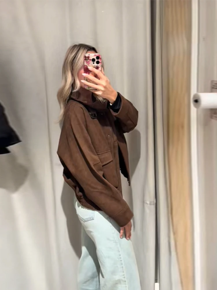 Dames Vintage Chic Faux Suède Jas Jas Losse Opstaande Kraag Bijgesneden Bruin Herfst Winter Demi-seizoen Bovenkleding Vrouwelijke Outfit