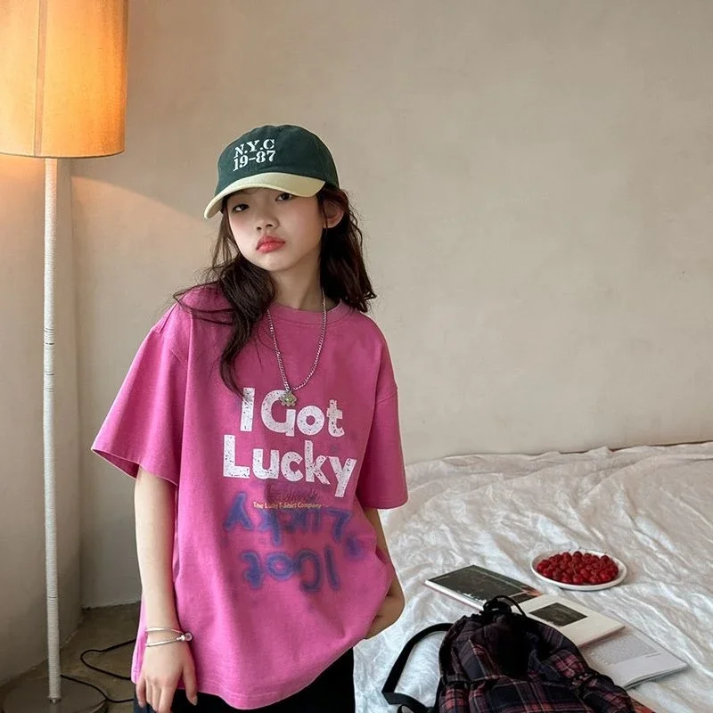 Girls Summer T-Shirt 2026 Kids Short Sleeve Tee with Cute Print Korean Inspired Loose Fit Casual Top for Little Big Girls