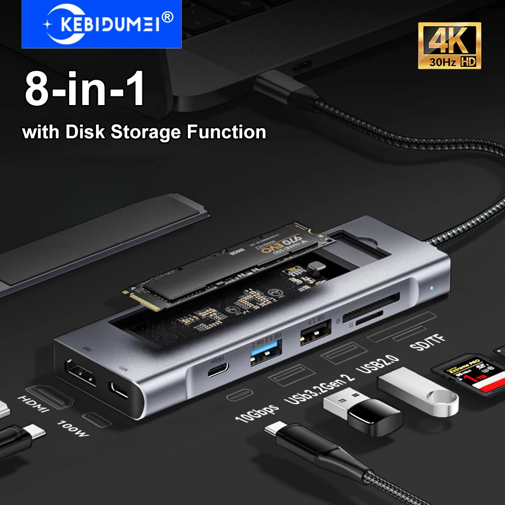 

8-in-1 USB C Hub with Disk Storage Function M.2 SSD Docking Station USB C HUB Type-C to HDMI Adapter USB Splitter For PC Laptop