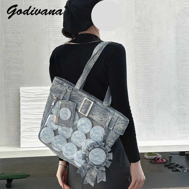 

Imitation Denim Shoulder Bag Retro Female Hand-Hold Tote Denim Pattern Cartoon Backpack Handbags for Women