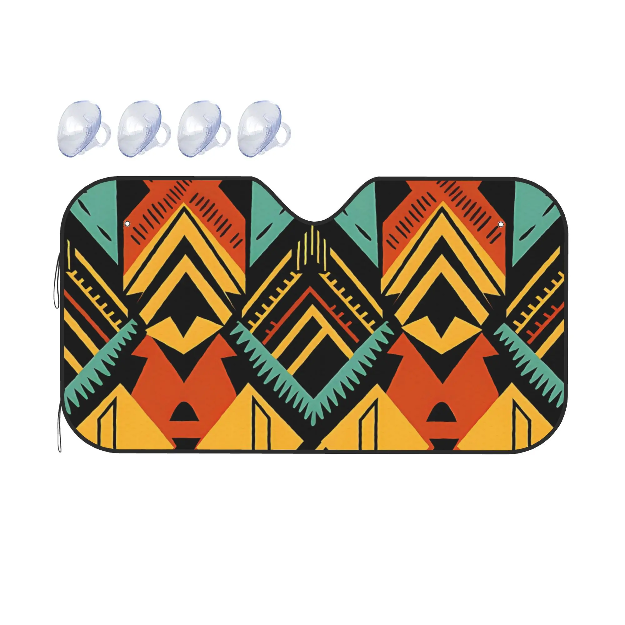 

Яркий солнцезащитный козырек с культурным принтом для автомобильных лобовых стекол, вдохновленный африканским племенным искусством.