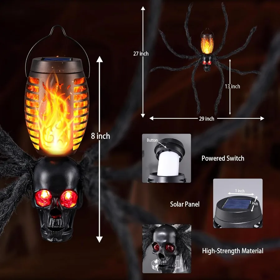 أضواء لهب جمجمة الهالوين تعمل بالطاقة الشمسية مع 8 مخالب عنكبوت للديكور الخارجي مثالية لحفلات الهالوين والحديقة Se