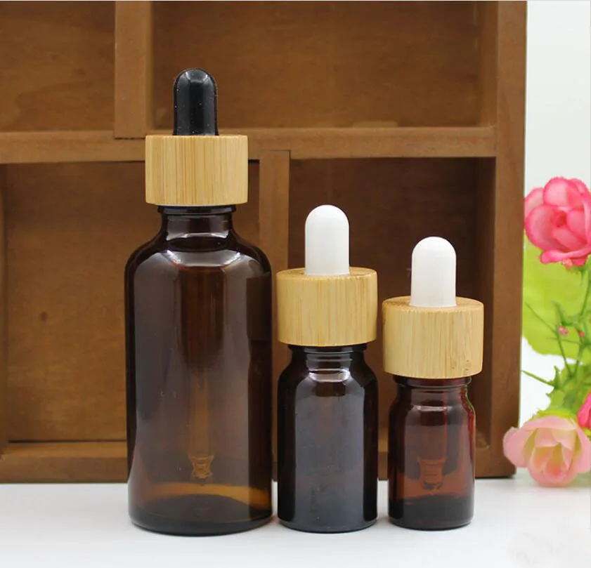 50ML brown/clear/blue/green glass bottle bamboo dropper lid essential oil liquid eye serum moisture sample cosmetic packing