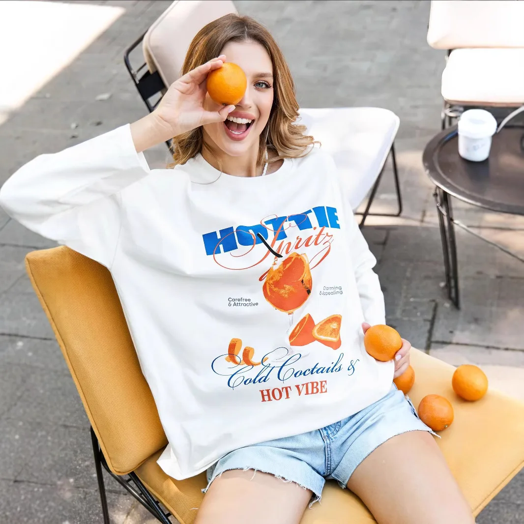 Gorąca, urocza graficzna bluza z nadrukiem soków, luźne bawełniane białe bluzy damskie, słodkie, personalizowane, moda uliczna, jesień.