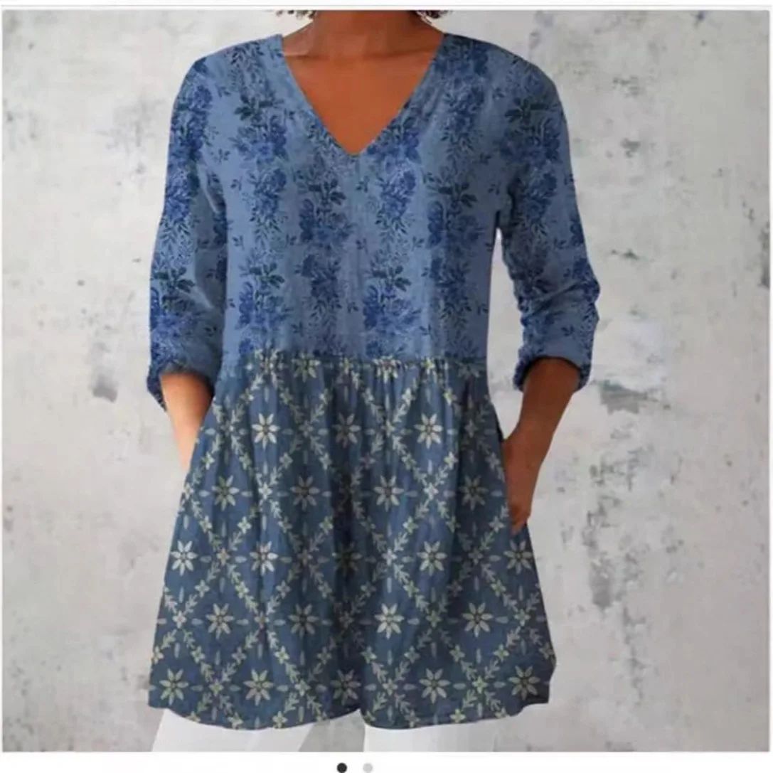 Women's Linen Blend Tunic Top V-Neck 3/4 Sleeve Smocked Waist Boho Floral Print Loose Blouse with Pockets Summer Shirt