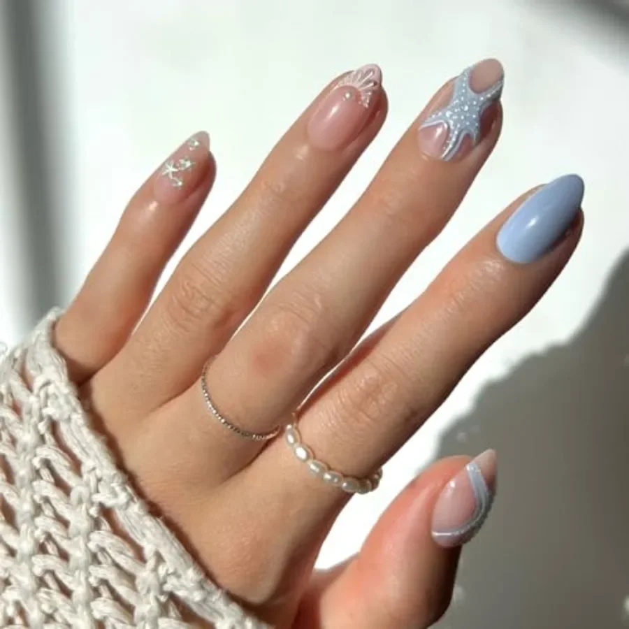 

Press On Nails Salty Waves Short Almond Starfish Fake Nails with 3D Nail Art Reusable Summer Nails for Beach Parties Vacations