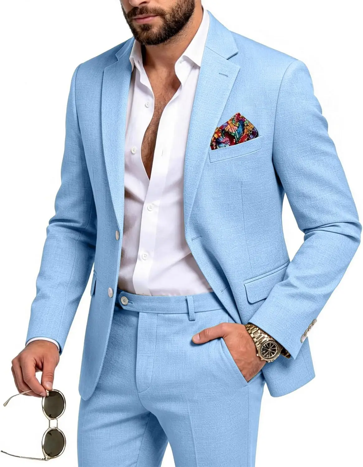 

Men's Linen Suit 2 Piece Solid Mens Beach Wear Casual Slim Fit Suits Jacket and Pants for Summer Groom Wedding