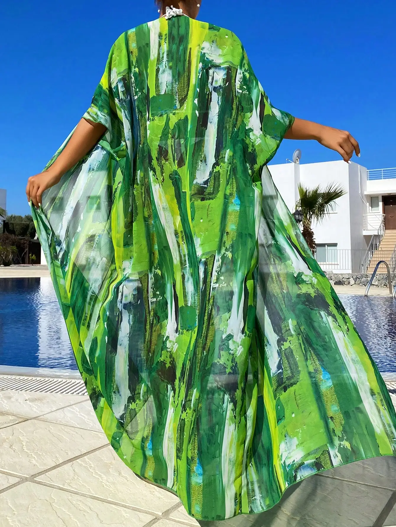 

Green Abstract Print Open Front Kimono Beach Cover Up