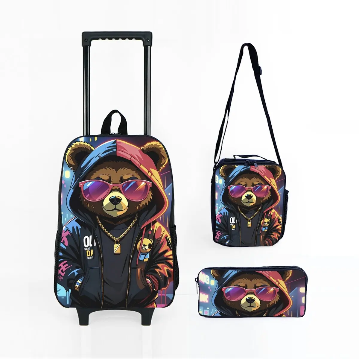 

Bear Print Wheeled Rolling Bag Set with Lunch Box Pen Bag with Wheels School Trolley Backpack Bag for Girl/Boys