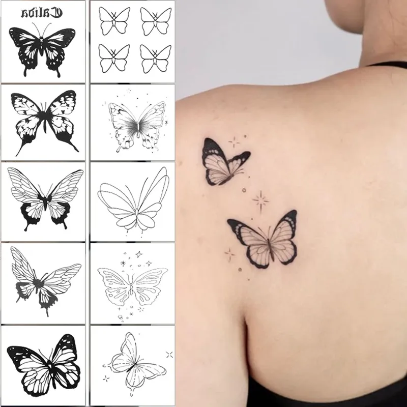 3D farfalla nera autoadesivo del tatuaggio temporaneo impermeabile fiore duraturo mani naturali petto Body Art falso Tatto Patch ragazza donna