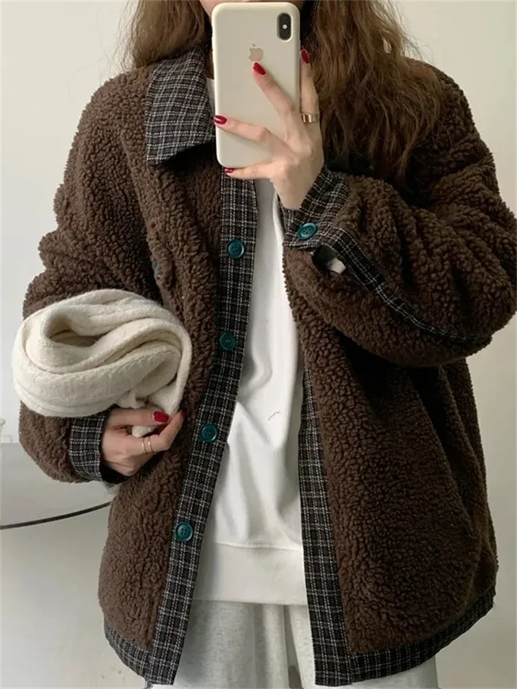 Women's Winter New Korean Version Loose Thick Double-layer Cotton Jacket Rretro Checkered Splicing Imitation Wool Jacket KX109