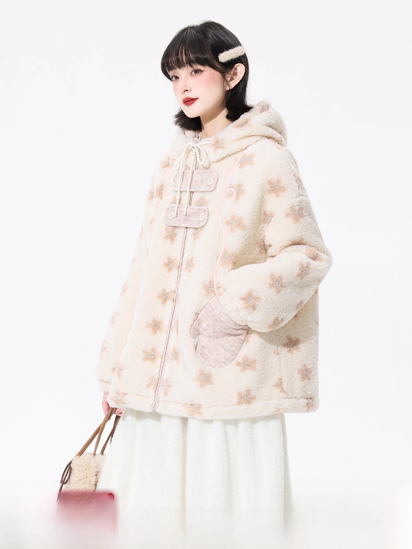 

Warm Loose Women's Faux Fur Jacket with Patchwork Cotton Original Color Print Cong Tailor Soft Chestnut Milk Cake